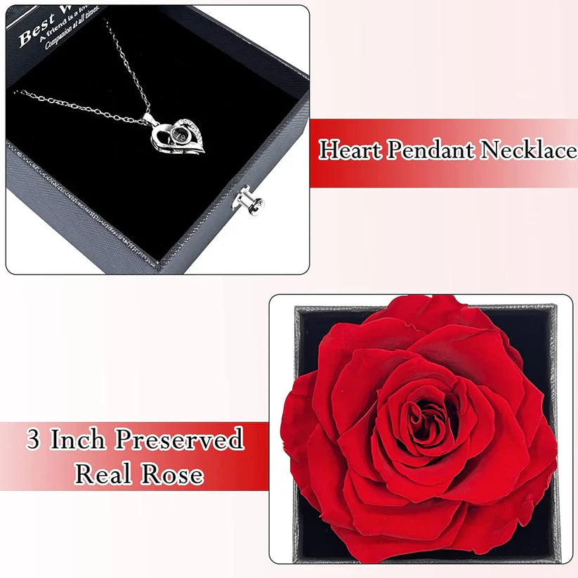 Real Preserved Rose Box + Engraved Necklace