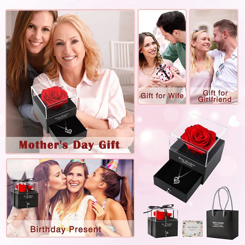 Real Preserved Rose Box + Engraved Necklace