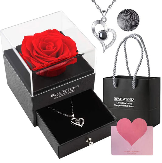 Real Preserved Rose Box + Engraved Necklace