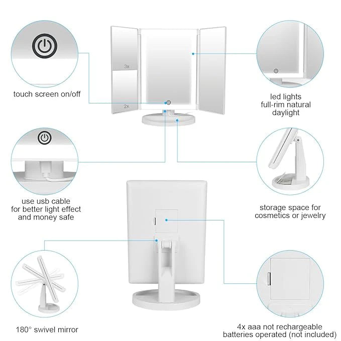 Tri-fold LED Makeup Mirror